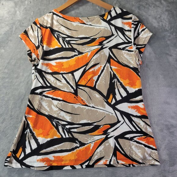 Worthington Womens Petite L Abstract Print Short Sleeve Blouse Orange Beige Blac - Picture 7 of 8